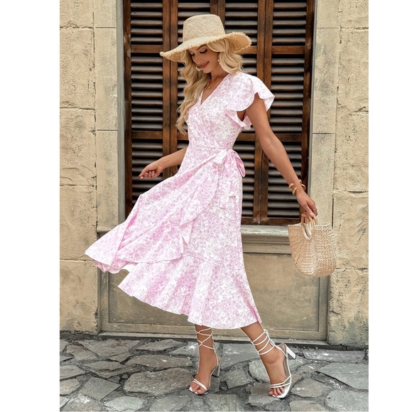 Boho Pink on White Floral V neck Ruffle Midi Dress Wrap Style Short Sleeve - Picture 3 of 9